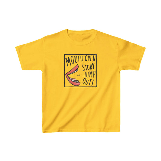 Super Great Kids' Stories "Mouth Open, Story Jump Out" Kids T-Shirt - Larger Sizes